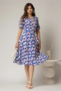 Rochie midi albastra cu imprimeuri florale cu decolteu in V si cordon cu catarama in talie, 3, dyfashion.ro