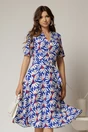 Rochie midi albastra cu imprimeuri florale cu decolteu in V si cordon cu catarama in talie, 1, dyfashion.ro