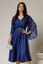 Rochie midi albastra de ocazie din satin si dantela, 1, dyfashion.ro
