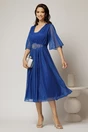 Rochie midi albastra de ocazie din voal cu sclipici si accesoriu talie, 3, dyfashion.ro