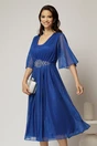 Rochie midi albastra de ocazie din voal cu sclipici si accesoriu talie, 1, dyfashion.ro