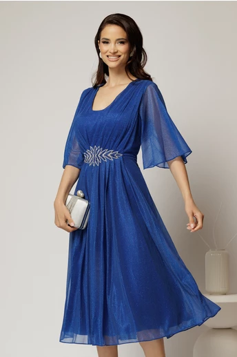 Rochie midi albastra de ocazie din voal cu sclipici si accesoriu talie