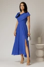 Rochie midi albastra de ocazie din voal cu sclipici si detaiu amplu foral la bust, 1, dyfashion.ro