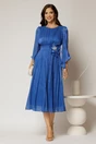 Rochie midi albastra de ocazie din voal peliculizat cu perle pe talie, 3, dyfashion.ro