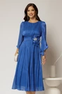Rochie midi albastra de ocazie din voal peliculizat cu perle pe talie, 1, dyfashion.ro