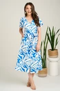 Rochie midi albastra din bumbac cu imprimeuri albe si cordon in talie, 4, dyfashion.ro