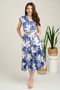 Rochie midi albastra din bumbac in clos cu flori si curea in talie, 4, dyfashion.ro