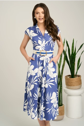 Rochie midi albastra din bumbac in clos cu flori si curea in talie