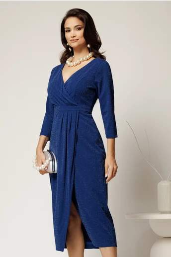 Rochie midi albastra din lurex cu croi conic si fusta petrecuta
