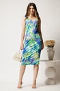 Rochie midi albastra din lycra cu croi drept si imprimeu verde, 3, dyfashion.ro
