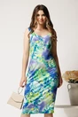 Rochie midi albastra din lycra cu croi drept si imprimeu verde, 1, dyfashion.ro