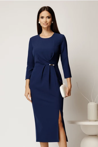 Rochie midi albastra din stofa conica cu pense si accesoriu in talie