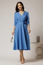 Rochie midi albastra din stofa in clos cu floare in talie, 3, dyfashion.ro