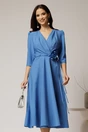 Rochie midi albastra din stofa in clos cu floare in talie, 1, dyfashion.ro