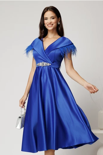 Rochie midi albastra din tafta cu pene la umeri si cordon in talie