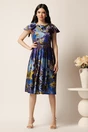Rochie midi albastra din tafta in clos cu imprimeuri galbene si cordon in talie, 3, dyfashion.ro