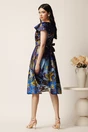 Rochie midi albastra din tafta in clos cu imprimeuri galbene si cordon in talie, 2, dyfashion.ro