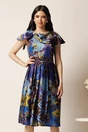 Rochie midi albastra din tafta in clos cu imprimeuri galbene si cordon in talie, 1, dyfashion.ro