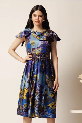 Rochie midi albastra din tafta in clos cu imprimeuri galbene si cordon in talie