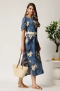 Rochie midi albastra din tencel cu imprimeu bej si curea in taliea, 3, dyfashion.ro