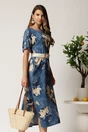 Rochie midi albastra din tencel cu imprimeu bej si curea in taliea, 1, dyfashion.ro