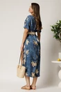 Rochie midi albastra din tencel cu imprimeu bej si curea in taliea, 2, dyfashion.ro