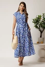Rochie midi albastra din viscoza cu imprimeu alb si cordon, 3, dyfashion.ro