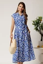 Rochie midi albastra din viscoza cu imprimeu alb si cordon, 1, dyfashion.ro