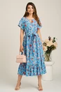 Rochie midi albastra din viscoza in clos cu flori roz si cordon in talie, 4, dyfashion.ro