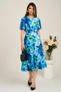 Rochie midi albastra din viscoza in clos cu flori verzi, 4, dyfashion.ro