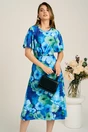 Rochie midi albastra din viscoza in clos cu flori verzi, 1, dyfashion.ro