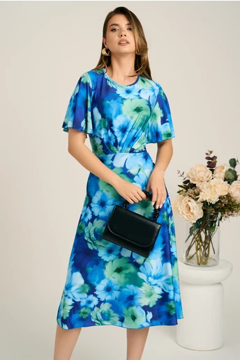 Rochie midi albastra din viscoza in clos cu flori verzi