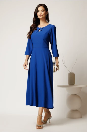 Rochie midi albastra din viscoza in clos cu funda si decupaj la decolteu