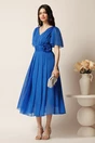 Rochie midi albastra din voal clos cu floare in talie- Moze, 3, dyfashion.ro