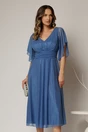 Rochie midi albastra din voal cu sclipici si decolteu in V, 1, dyfashion.ro