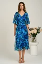 Rochie midi albastra din voal in clos cu imprimeuri si maneci vaporoase, 4, dyfashion.ro