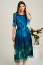 Rochie midi albastra din voal in clos cu imprimeuri verzi si cordon in talie- Viada, 1, dyfashion.ro