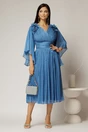 Rochie midi albastra din voal peliculizat cu decolteu petrecut si aplicatii florale, 3, dyfashion.ro