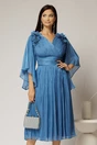 Rochie midi albastra din voal peliculizat cu decolteu petrecut si aplicatii florale, 1, dyfashion.ro