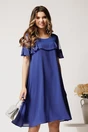 Rochie midi albastra din voal tip A cu tull si buline catifelate la bust, 1, dyfashion.ro