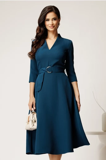 Rochie midi albastru petrol din stofa cu cordon in talie