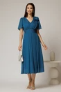 Rochie midi albastru petrol din voal cu fir lurex si floare la umar, 3, dyfashion.ro