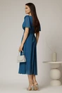 Rochie midi albastru petrol din voal cu fir lurex si floare la umar, 2, dyfashion.ro