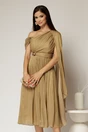 Rochie midi aurie de ocazie din voal peliculizat cu o maneca ampla si brosa pe talie, 1, dyfashion.ro