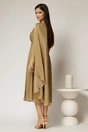 Rochie midi aurie de ocazie din voal peliculizat cu o maneca ampla si brosa pe talie, 2, dyfashion.ro
