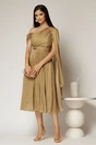 Rochie midi aurie de ocazie din voal peliculizat cu o maneca ampla si brosa pe talie, 3, dyfashion.ro
