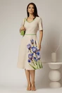 Rochie midi bej clos cu imprimeu indiggo si decolteu in V, 3, dyfashion.ro