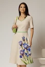 Rochie midi bej clos cu imprimeu indiggo si decolteu in V, 1, dyfashion.ro