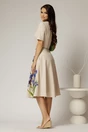 Rochie midi bej clos cu imprimeu indiggo si decolteu in V, 2, dyfashion.ro