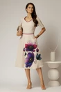 Rochie midi bej clos cu imprimeu magenta si decolteu in V, 3, dyfashion.ro